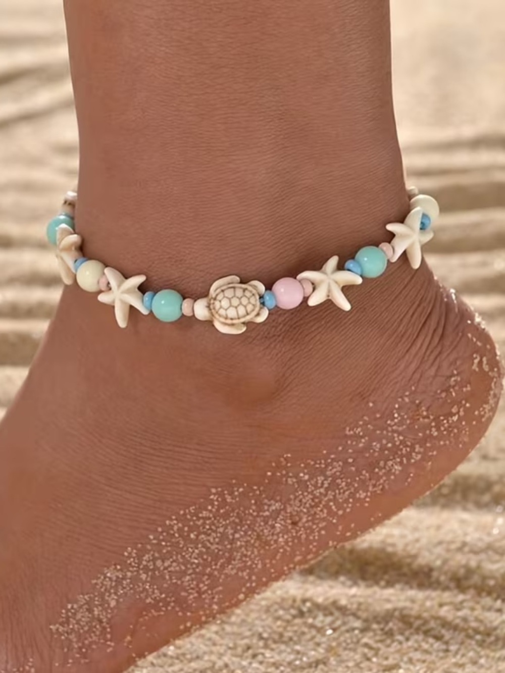 Beachy Turtle & Starfish Beaded Anklet in Cream, Aqua & Pink